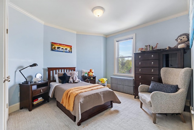 carpeted bedroom with crown molding, baseboards, and radiator heating unit