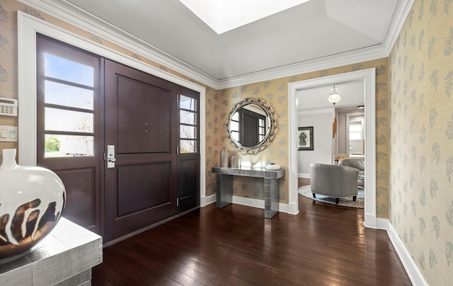 foyer featuring a healthy amount of sunlight, wallpapered walls, and dark wood-type flooring