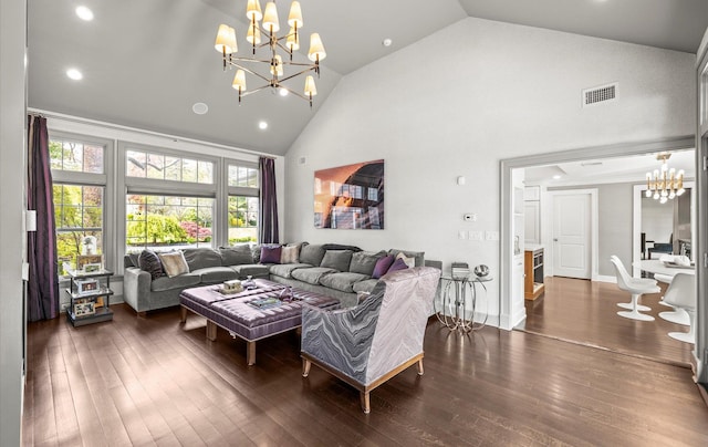 living room featuring visible vents, dark wood finished floors, a chandelier, and high vaulted ceiling
