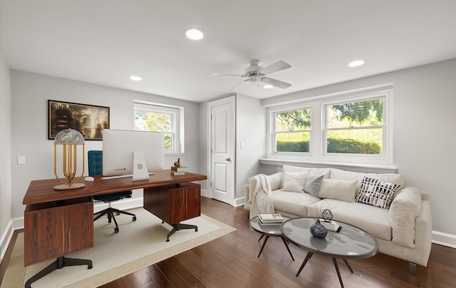 office with recessed lighting, baseboards, and dark wood-style floors