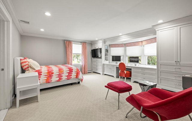 bedroom featuring visible vents, light colored carpet, a baseboard radiator, ornamental molding, and recessed lighting