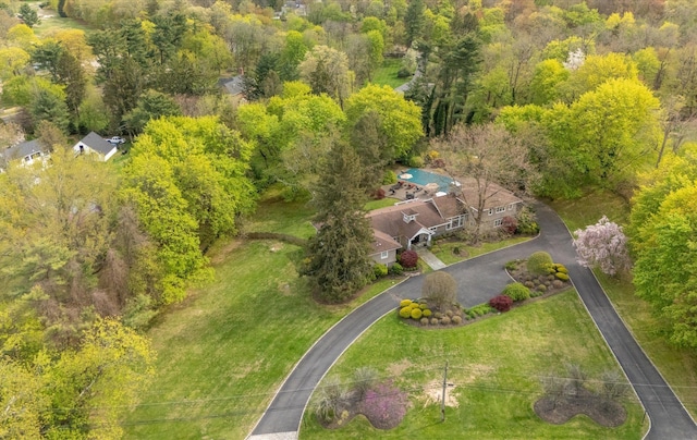 birds eye view of property featuring a view of trees