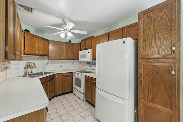 21 Lamplight St, Beacon, NY 12508 - kitchen featuring ceiling fan, a sink, white appliances, brown cabinetry, and visible vents