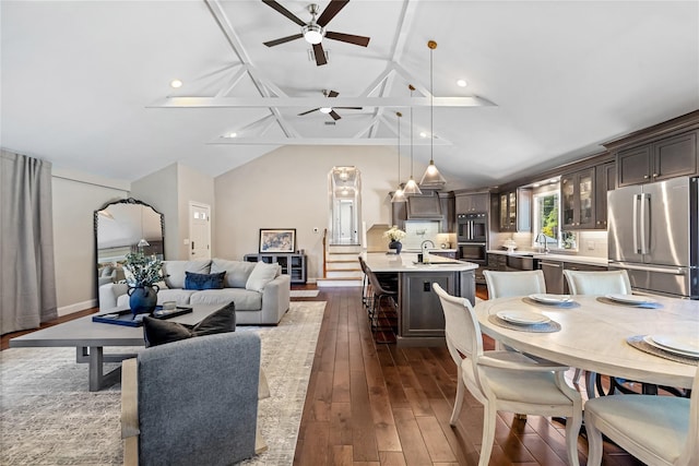 2307 Hawthorne Dr, Yorktown Heights, NY 10598 - dining room featuring a ceiling fan, dark wood finished floors, and recessed lighting