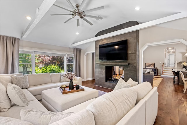 2307 Hawthorne Dr, Yorktown Heights, NY 10598 - living area with a multi sided fireplace, dark wood finished floors, recessed lighting, a ceiling fan, and baseboards