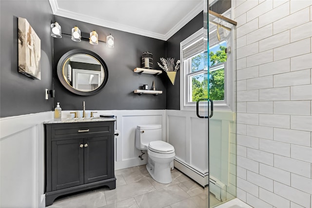 2307 Hawthorne Dr, Yorktown Heights, NY 10598 - bathroom featuring baseboard heating, crown molding, vanity, tiled shower, and toilet