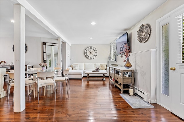 2307 Hawthorne Dr, Yorktown Heights, NY 10598 - living room with a baseboard heating unit, plenty of natural light, dark wood finished floors, and recessed lighting