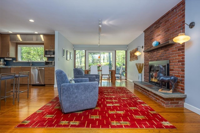living area featuring baseboards, wood finished floors, and a fireplace