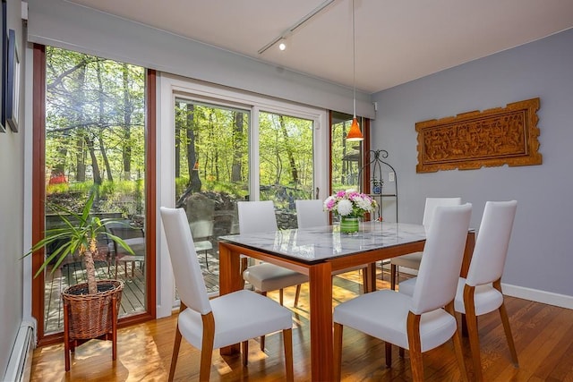 dining space featuring baseboards, baseboard heating, rail lighting, and wood finished floors
