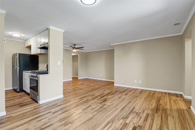 265 Artist Lake Dr, Middle Island, NY 11953 - unfurnished living room featuring baseboards, ceiling fan, ornamental molding, and light wood-type flooring