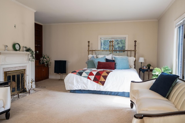 bedroom with a high end fireplace, baseboards, ornamental molding, and carpet
