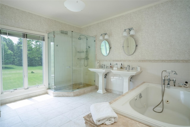bathroom with crown molding, tile patterned flooring, a jetted tub, visible vents, and a stall shower