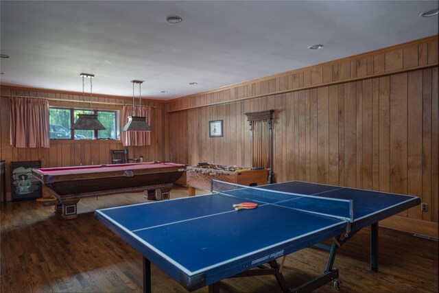playroom with wooden walls, billiards, and wood finished floors