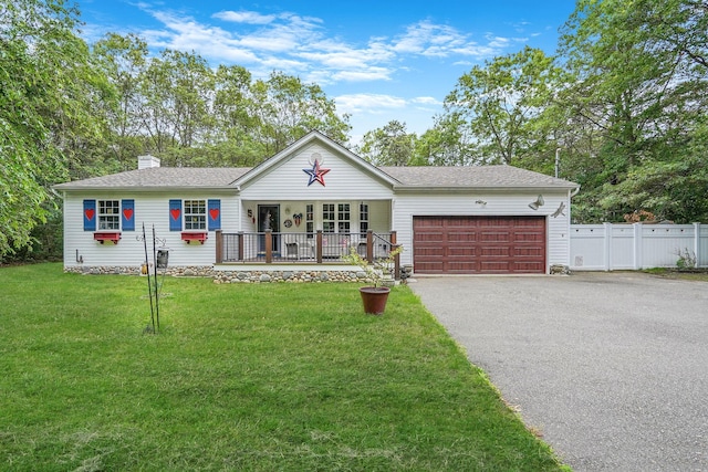138 Barton Ave, Patchogue, NY 11772 - ranch-style home featuring a porch, an attached garage, driveway, a chimney, and a shingled roof