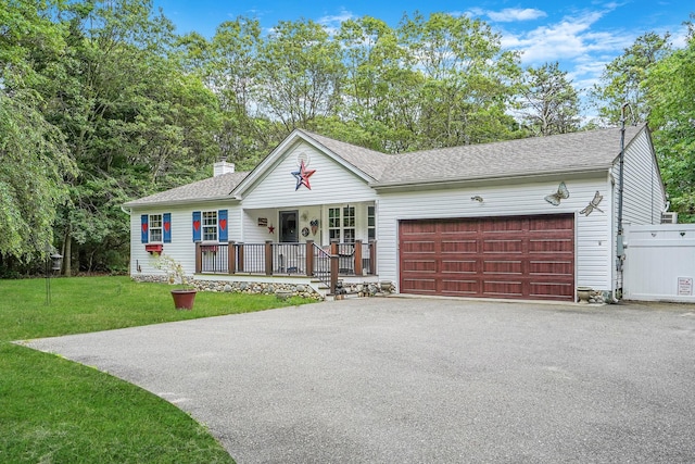 138 Barton Ave, Patchogue, NY 11772 - ranch-style home featuring covered porch, an attached garage, asphalt driveway, a front lawn, and a chimney
