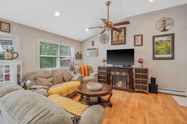 138 Barton Ave, Patchogue, NY 11772 - living area with baseboard heating, ceiling fan, lofted ceiling, light wood-type flooring, and recessed lighting