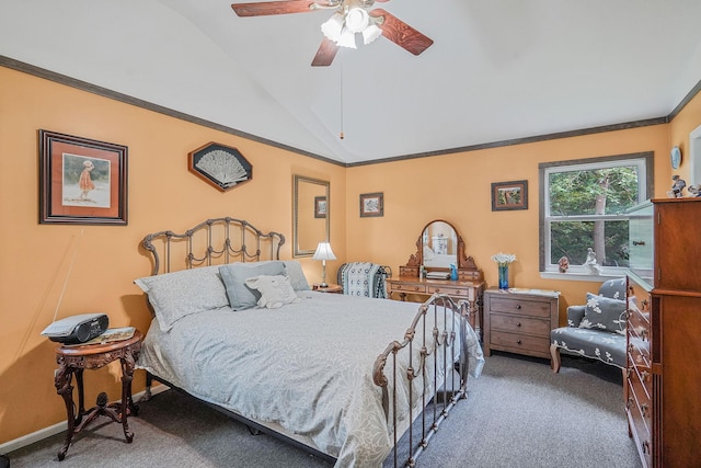 138 Barton Ave, Patchogue, NY 11772 - bedroom featuring carpet flooring, vaulted ceiling, a ceiling fan, and ornamental molding