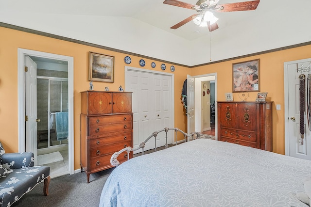 138 Barton Ave, Patchogue, NY 11772 - carpeted bedroom featuring vaulted ceiling, a closet, ceiling fan, and ensuite bathroom