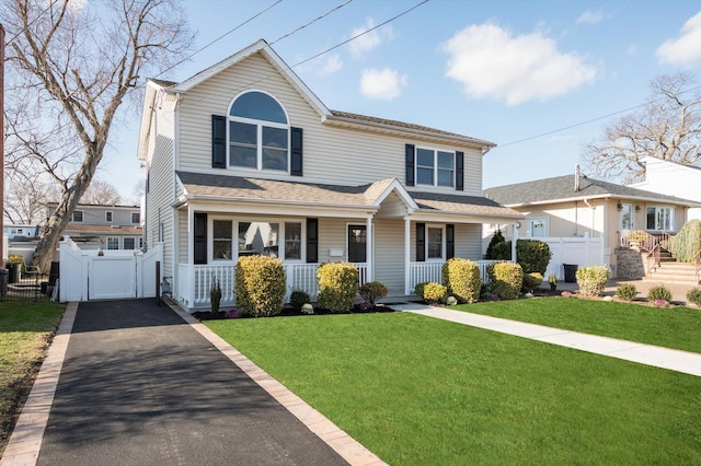 traditional-style home with a gate, aphalt driveway, covered porch, and a front yard