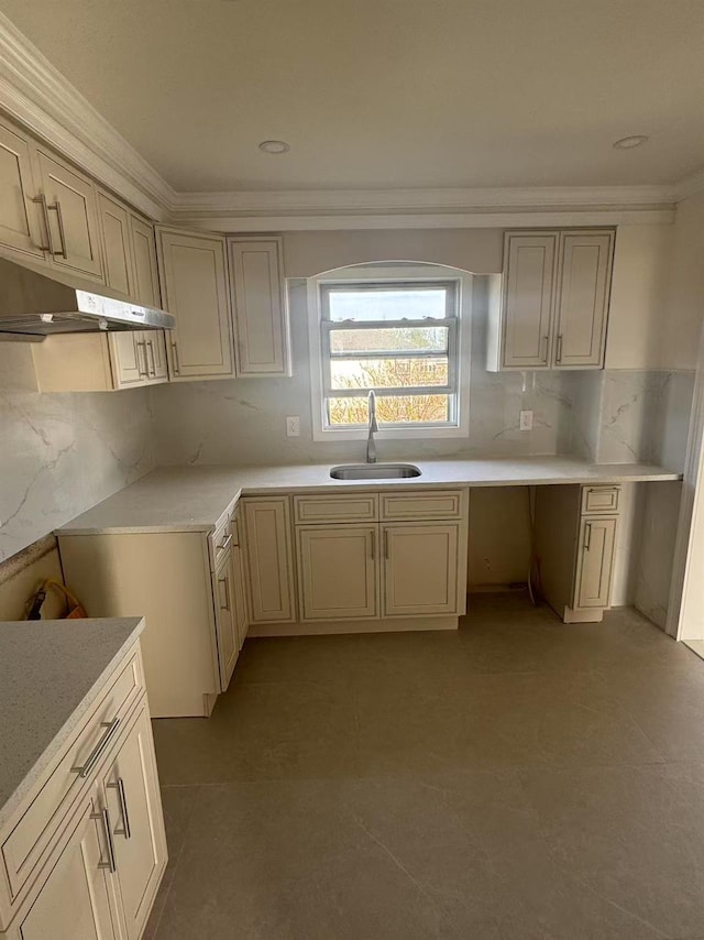 kitchen featuring backsplash, a sink, light countertops, ornamental molding, and under cabinet range hood
