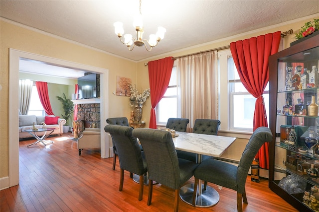 dining room with wood-type flooring, an inviting chandelier, and plenty of natural light