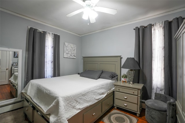 bedroom featuring ornamental molding, ceiling fan, and dark wood-style floors