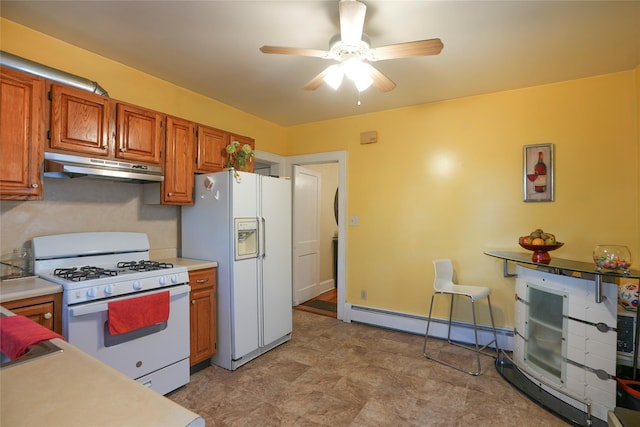 kitchen with ceiling fan, white appliances, light countertops, a baseboard radiator, and under cabinet range hood