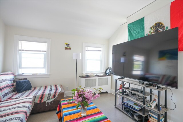 interior space featuring radiator heating unit, a healthy amount of sunlight, and vaulted ceiling