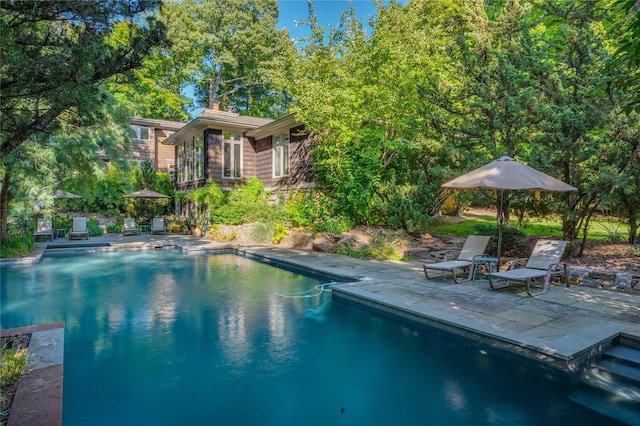outdoor pool with a patio area