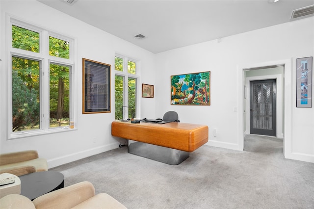 carpeted office with visible vents and baseboards