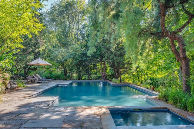 pool featuring a patio and an in ground hot tub