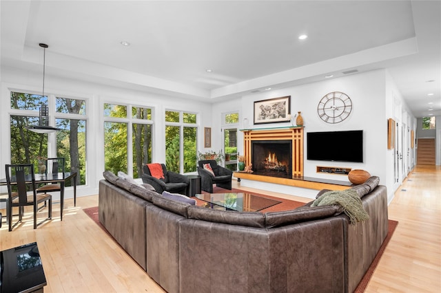 living room with a raised ceiling, light wood finished floors, a warm lit fireplace, and a wealth of natural light