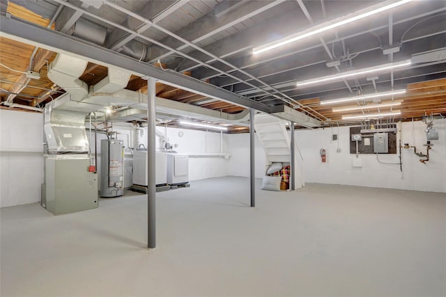 unfinished below grade area with water heater, heating unit, electric panel, and independent washer and dryer