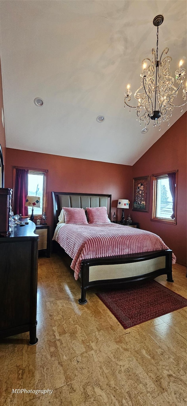 bedroom featuring multiple windows, a notable chandelier, recessed lighting, and lofted ceiling