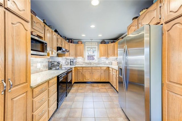 kitchen featuring a sink, black appliances, under cabinet range hood, recessed lighting, and light tile patterned flooring