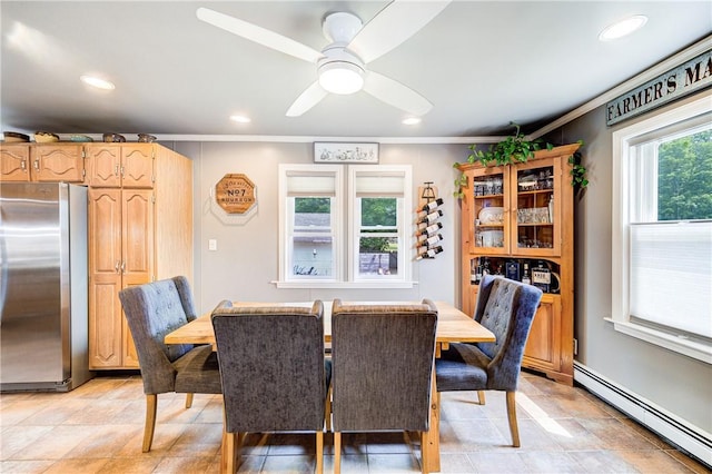 dining area with a baseboard radiator, ornamental molding, recessed lighting, and ceiling fan