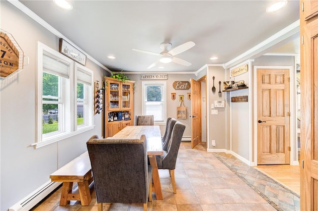 dining area featuring a ceiling fan, crown molding, baseboards, a baseboard heating unit, and recessed lighting