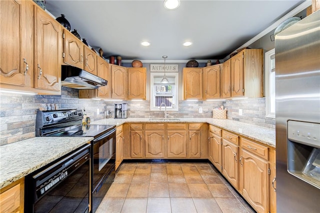 kitchen with a sink, ornamental molding, black appliances, and under cabinet range hood