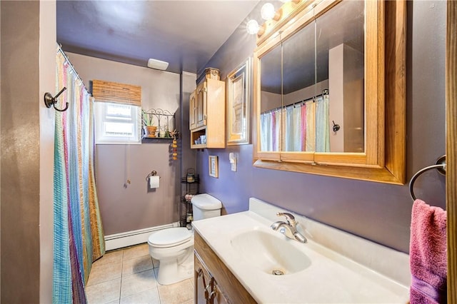full bath featuring vanity, toilet, a shower with shower curtain, tile patterned floors, and a baseboard radiator