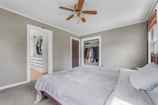 bedroom with a ceiling fan, baseboards, a closet, ornamental molding, and carpet