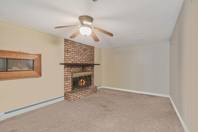 25 Adrienne Ln, Hauppauge, NY 11788 - unfurnished living room with ceiling fan, a brick fireplace, carpet, and a baseboard heating unit
