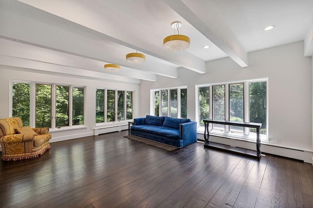interior space featuring recessed lighting, baseboard heating, dark wood finished floors, and beam ceiling