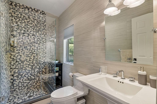 bathroom featuring decorative backsplash, tile walls, a shower stall, a sink, and toilet