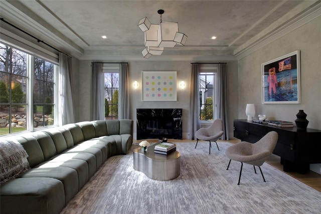 living room with a high end fireplace, a raised ceiling, wood finished floors, and a wealth of natural light