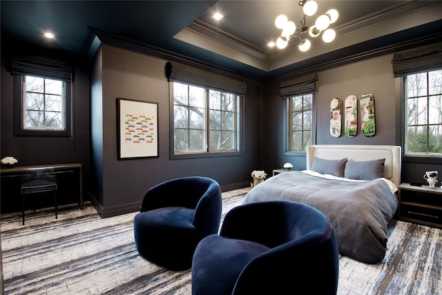 bedroom featuring crown molding, a chandelier, multiple windows, and wood finished floors