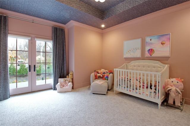 bedroom featuring french doors, access to outside, baseboards, ornamental molding, and carpet