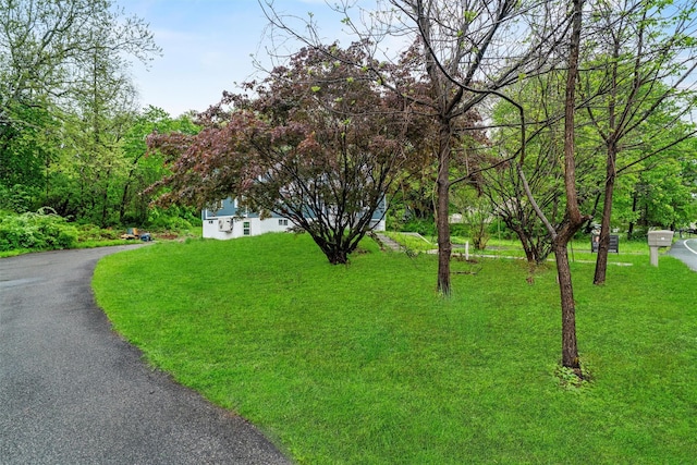 view of front of house with a front yard and asphalt driveway