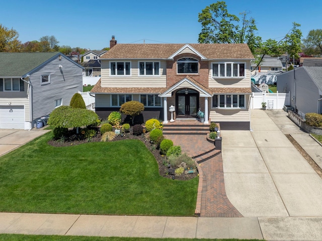 view of front of property with fence, a chimney, driveway, and a front yard