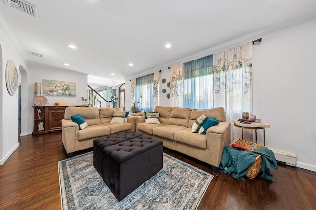 living area with stairs, baseboards, visible vents, and ornamental molding