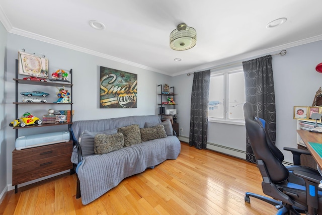 office area featuring recessed lighting, ornamental molding, wood finished floors, and a baseboard radiator